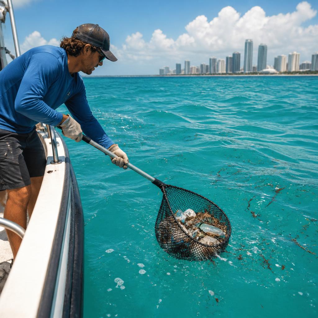 Crew member removing plastic debris from the ocean off Miami
