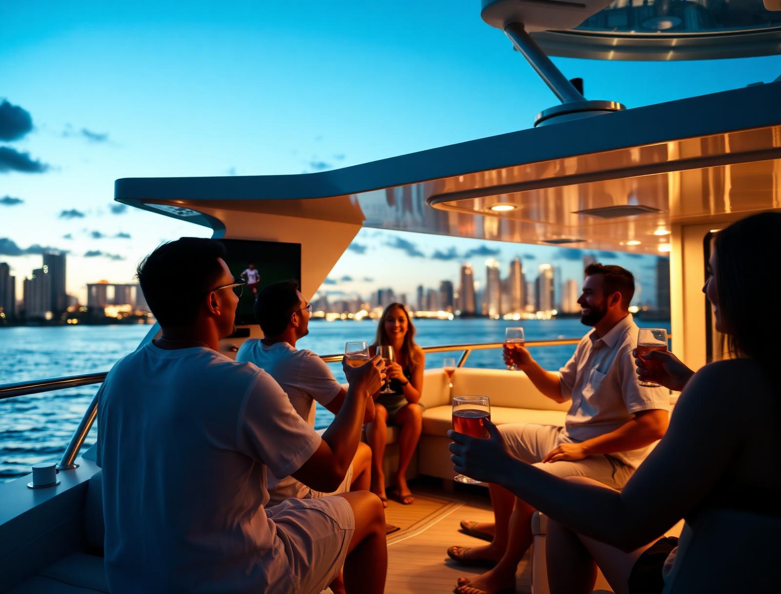 Yacht deck at sunset with Miami skyline