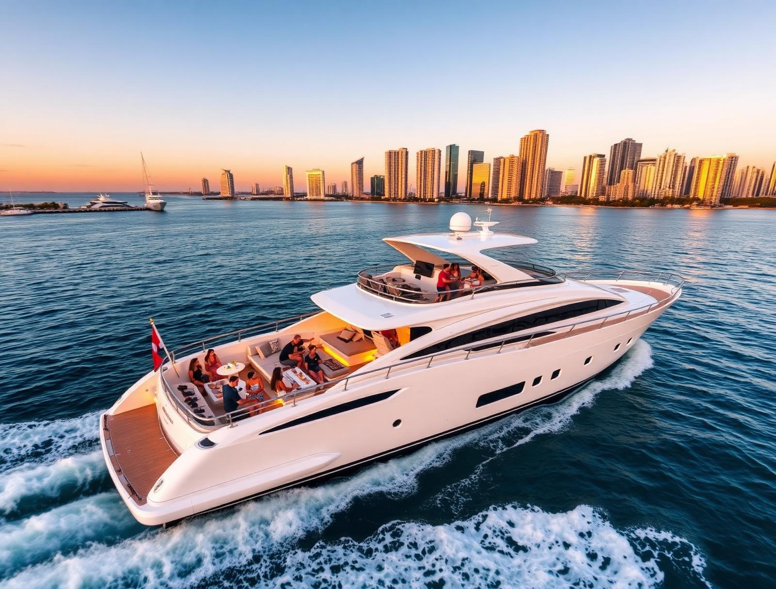 Aerial view of luxury yacht off Miami Beach